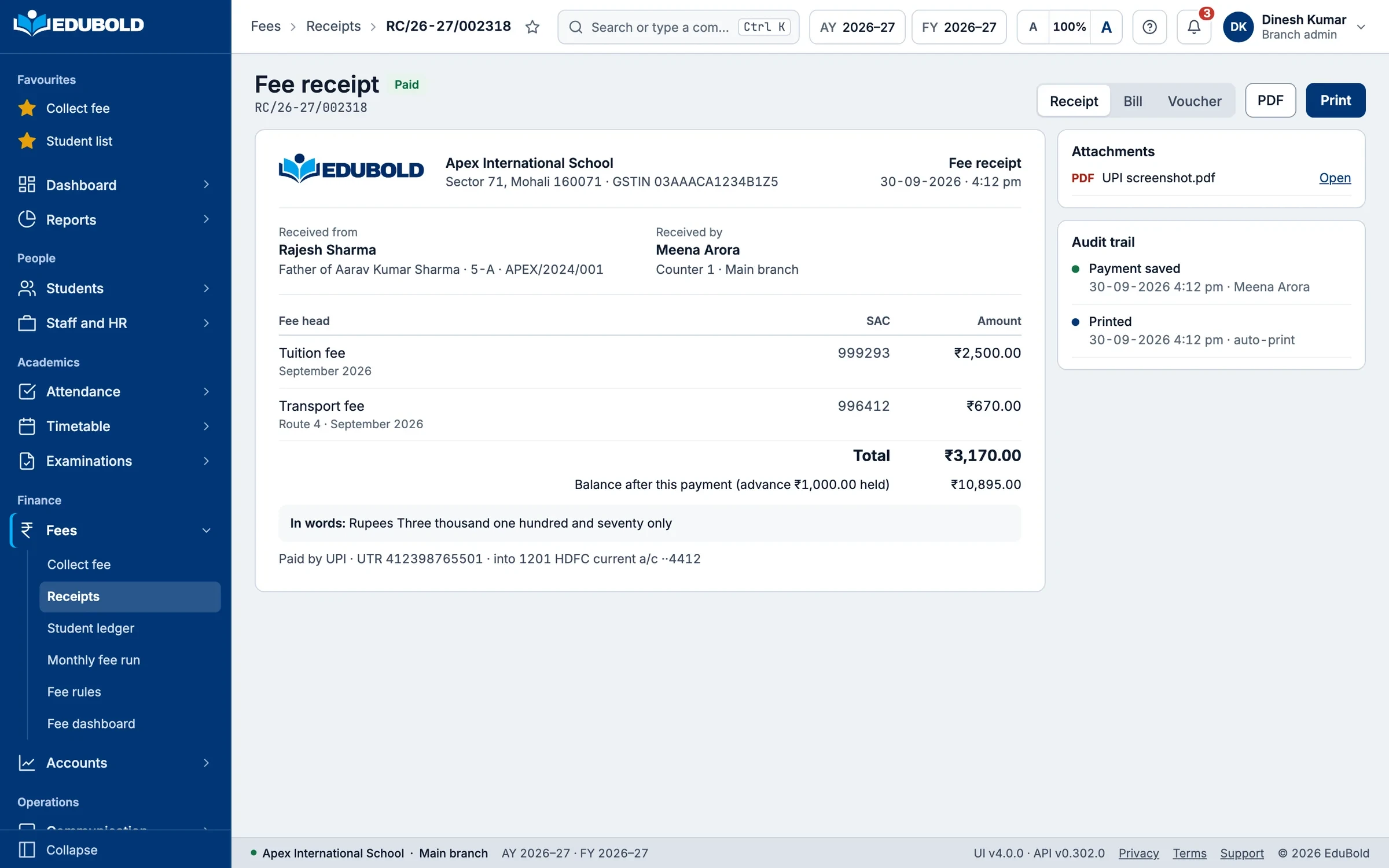 A fee receipt with the fee heads, the total, the balance after payment and an audit trail beside it